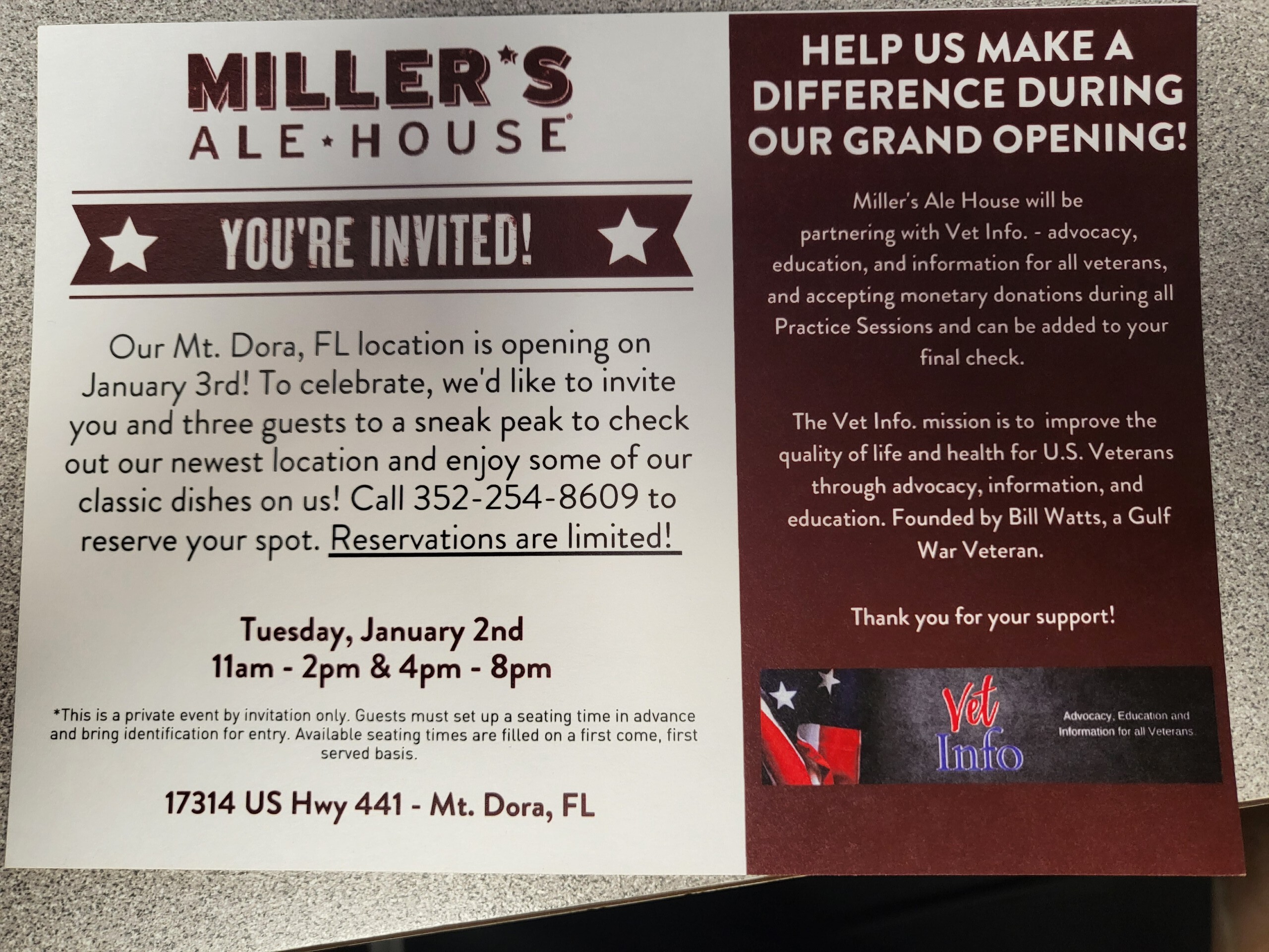 Mt. Dora Miller's Ale House Invitation Only Soft Opening