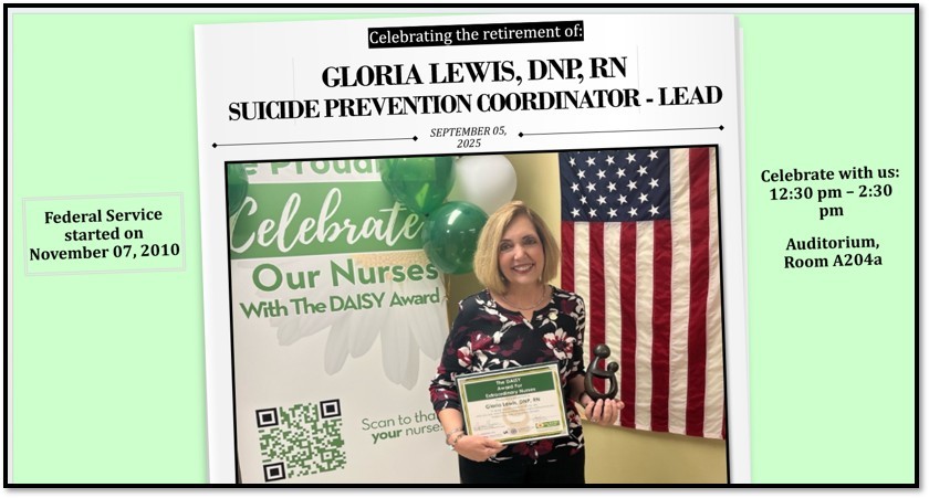 Dr. Gloria Lewis -Suicide Prevention Coordinator of the Miami VA Hospital Retires.