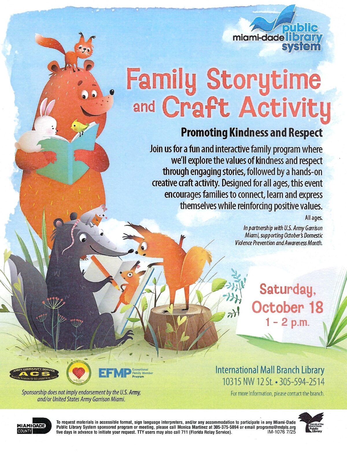 ACS and Miami Dade County Public Library System presents Family Story Time and Craft Activity
