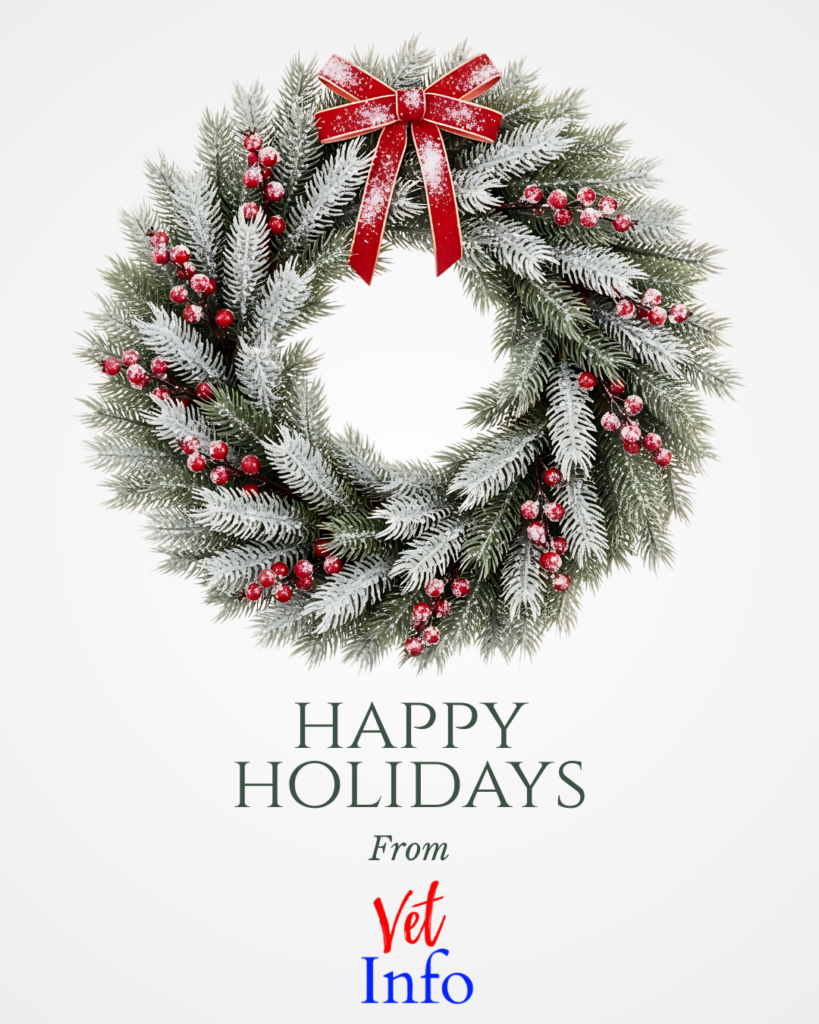 Vet Info wishes all Veterans and Active Service Members a Happy and Safe Holiday Season.  Picture shows a Beautiful Holiday Wreath. 