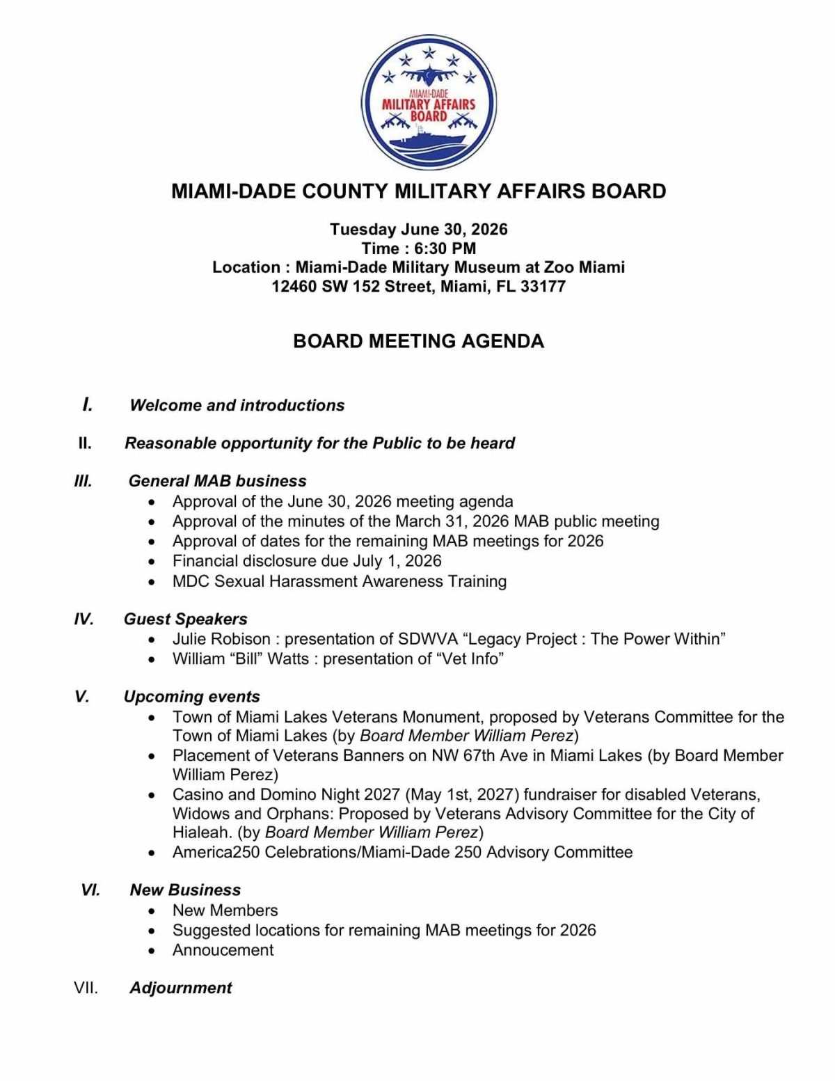 Miami Dade County Military Avisory Board ( MAB ) meeting.